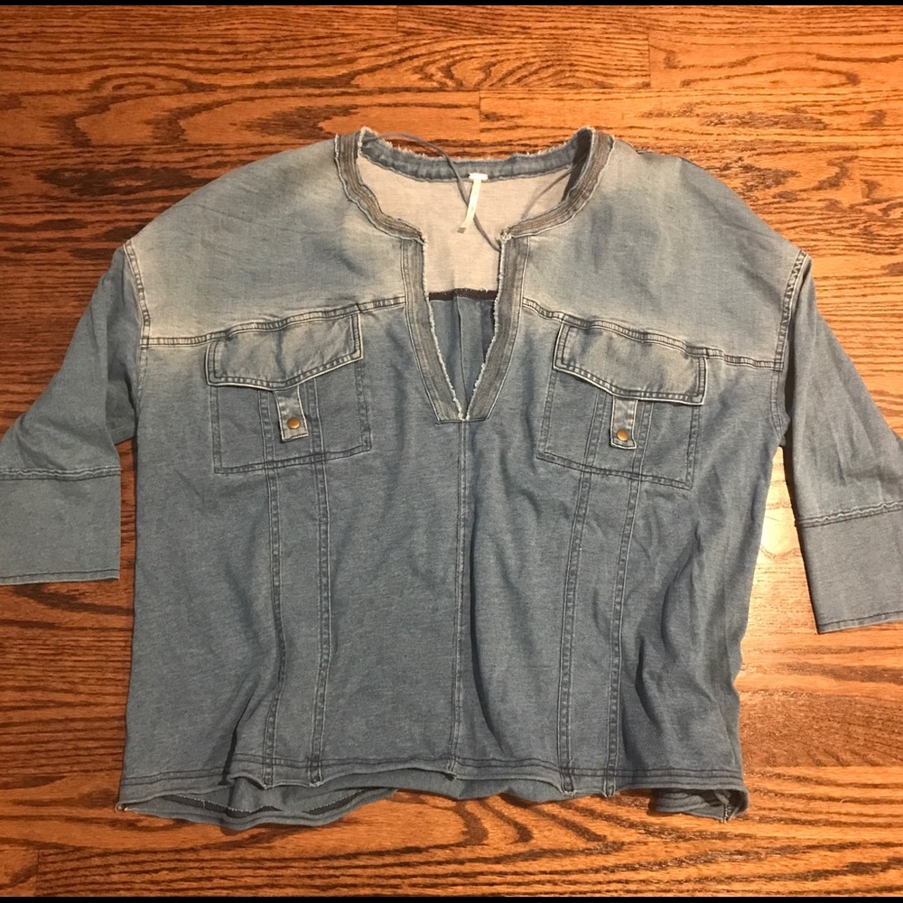 Free People Large Soft Washed Out Denim Henley